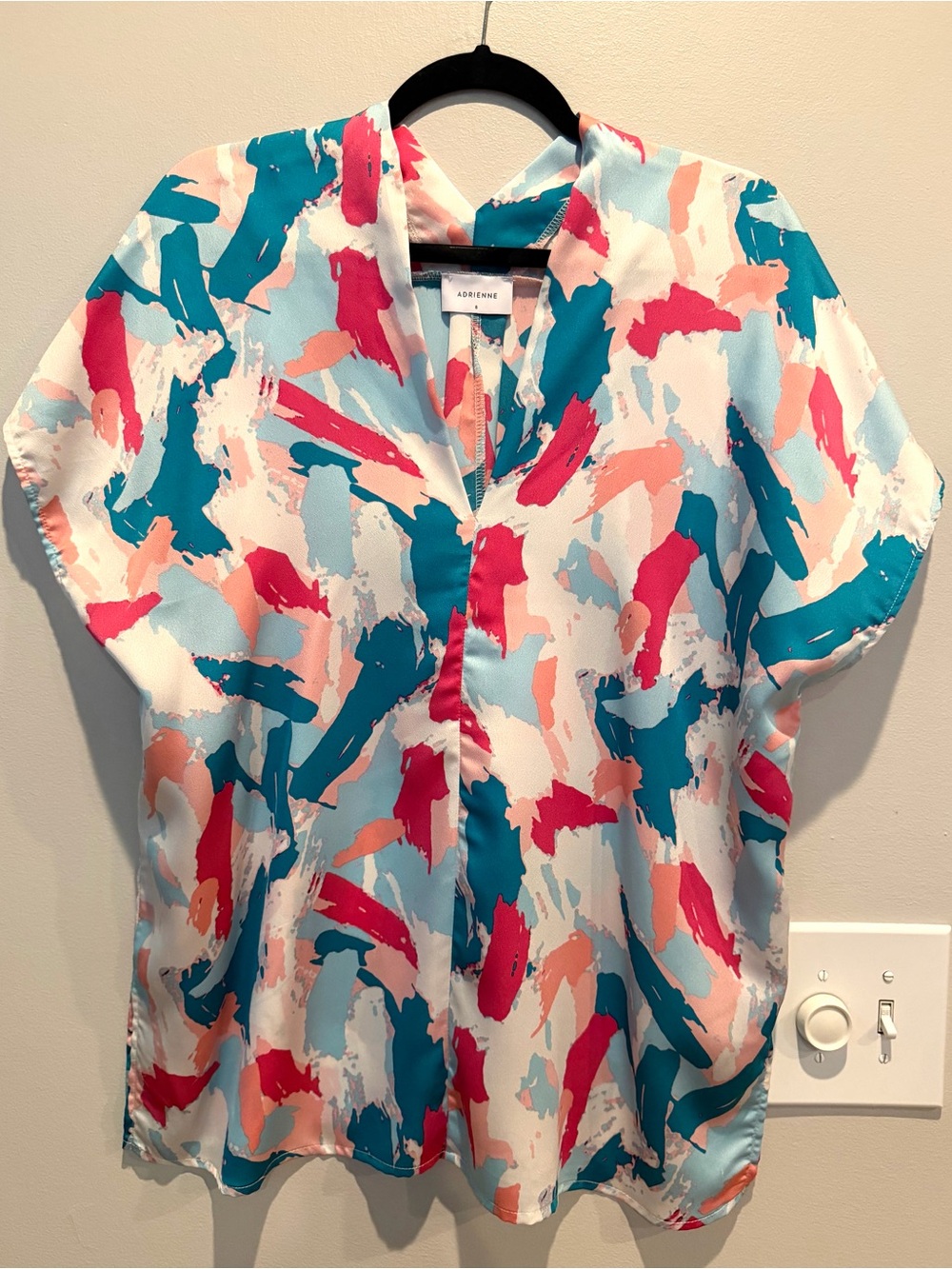 Adrienne Abstract Brushstroke V-Neck Blouse - Teal, Pink, Peach